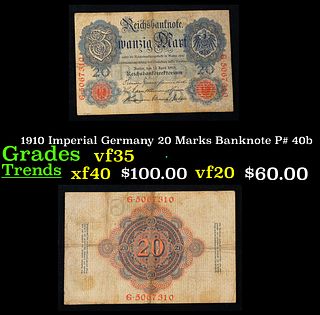 1910 Imperial Germany 20 Marks Banknote P# 40b Grades vf++