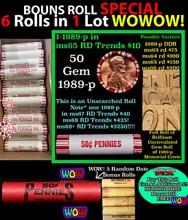 THIS AUCTION ONLY! BU Shotgun Lincoln 1c roll, 1989-p 50 pcs Plus FIVE bonus random date BU roll! Bank Wrapper 50c