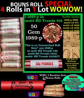 THIS AUCTION ONLY! BU Shotgun Lincoln 1c roll, 1989-p 50 pcs Plus THREE bonus random date BU roll! Bank Wrapper 50c