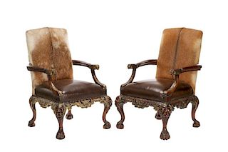 Pair, Louis XIII Style Cowhide Throne Chairs