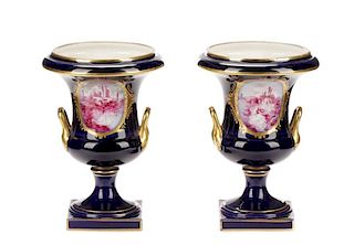 Pair, French Hand Painted Cobalt & Gilt Urns