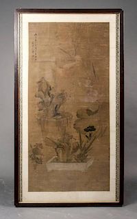 Chinese Scroll Ptg. w/ Pink Flowers, 18th/19th C.