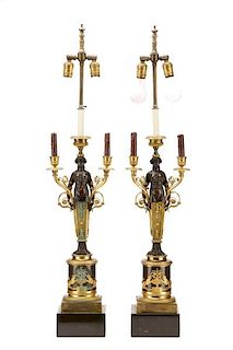 Pair, French Empire Bronze Candelabra Lamps