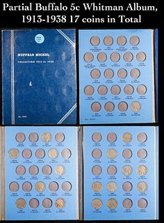 Partial Buffalo 5c Whitman Album, 1913-1938 17 coins in Total