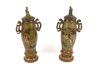 Pair of Rare Asian Lidded Pottery Jars on Stands
