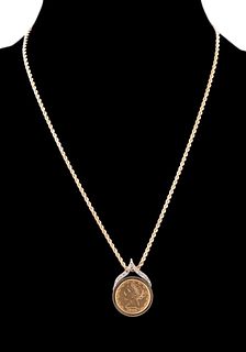 1882 US GOLD COIN, DIAMOND AND 14K YG NECKLACE