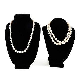 TWO PEARL NECKLACE STRANDS WITH DIAMONDS CLASPS