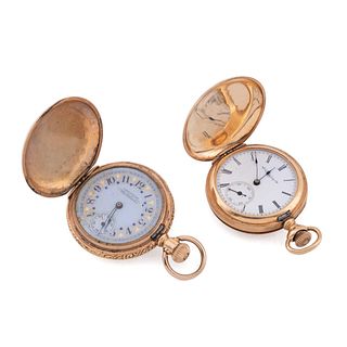 TWO LADIES' 14K SOLID GOLD CASED POCKET WATCHES