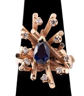 DIAMOND, SYNTHETIC SAPPHIRE & 14K ROSE GOLD RING