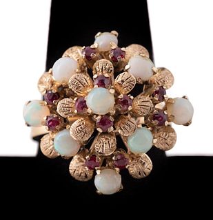 OPAL, RUBY, & 18K YELLOW GOLD CLUSTER RING