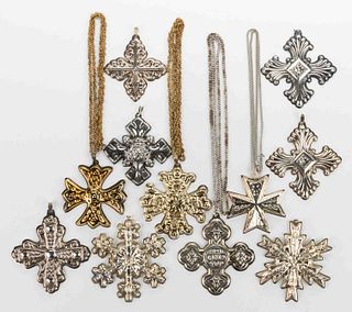 GORHAM SNOWFLAKE AND REED & BARTON CHRISTMAS CROSS STERLING SILVER ORNAMENTS, LOT OF 11
