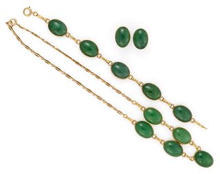 VINTAGE 14K YELLOW GOLD AND JADE FOUR-PIECE JEWELRY SUITE