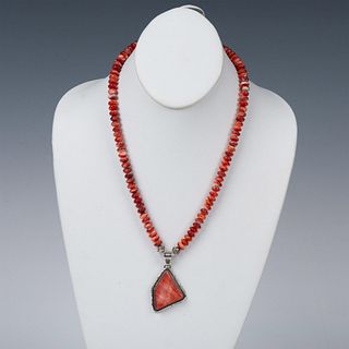 Navajo Ted Etsitty Sterling & Red Spiny Oyster Necklace