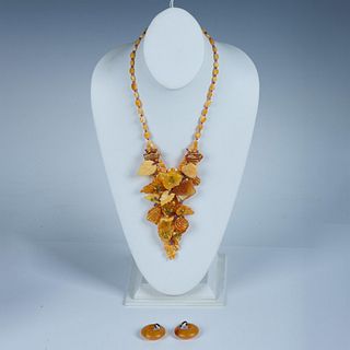3pc Bakelite & Lucite Floral Necklace & Hoop Earrings
