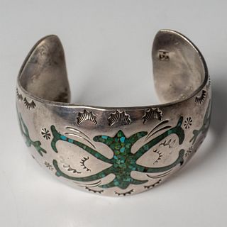 Native American Silver & Turquoise Chip Inlay Cuff Bracelet