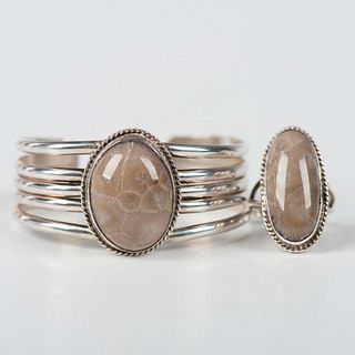 2pc Sterling Silver & Petoskey Stone Cuff Bracelet and Ring