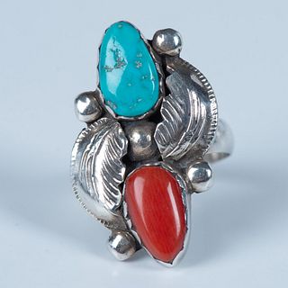 Simplicio Zuni Handmade Sterling, Turquoise & Coral Ring