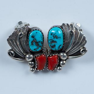 Danny Clark Navajo Sterling, Turquoise & Coral Clip Earrings