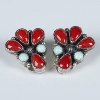 G. Apachito Navajo Sterling, Coral & Turquoise Clip Earrings