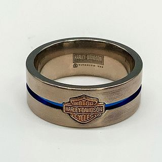 Harley Davidson Blue Stripe Titanium & Sterling Silver Ring