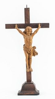 Spanish Colonial Christ on Cross Wood Sculpture