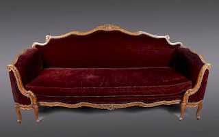 French Louis XV Style Walnut Framed Mohair Sofa