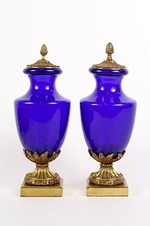 Pair of French Gilt Bronze & Cobalt Glass Vases