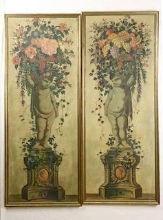 Pair of Hand Painted Panels w/ Cherub & Topiary
