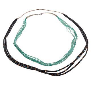Collection of Two Santo Domingo Turquoise, Multi-Stone Heishi Necklaces