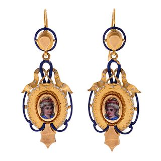 Pair of Victorian Swiss Enamel, 18k Yellow Gold Earrings