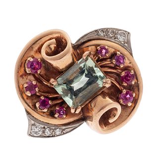 Retro Aquamarine, Diamond, Ruby, 14k Rose Gold Ring