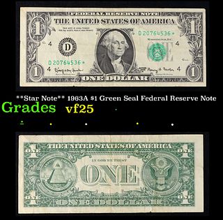 **Star Note** 1963A $1 Green Seal Federal Reserve Note Grades vf+