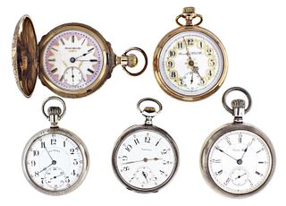A lot of five American and Swiss pocket watches