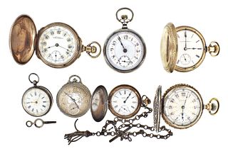 A lot of seven Amercian pocket watches and boxes