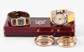 A lot of wrist watches and two pocket watch cases