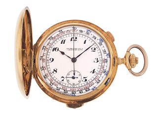 An early 20th century gold hunting cased quarter repeating chronograph signed Th. Picard Fils