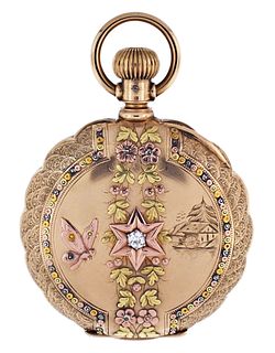 A late 19th century Columbus pocket watch with a very decorative four color gold case