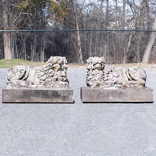 Pair of Fine Continental Carved Limestone Recumbent Lions