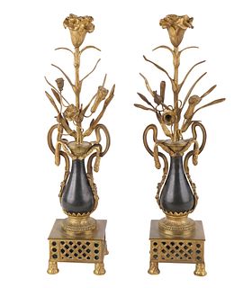 Pair of Neoclassical Style Gilt Bronze and Stone Garniture/Candlestick