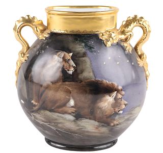 Limoges Lion Decorated Two Handled Porcelain Vase