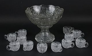 Molded Crystal Punchbowl and Twelve Cups