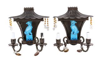 Pair of Asian Style Metal, Glass, and Ceramic Sconces