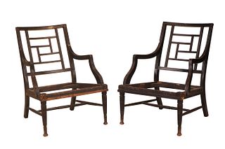 Pair of Low Ebonized Elbow Chairs, Attributed to E.W. Godwin