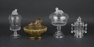 Four Glass Covered Compotes with Animal Finials