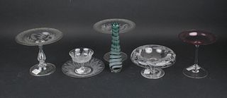 Three Etched Colorless Glass Compotes