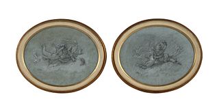 Pair of Oval Pictures of Putti, Pencil and Gouache