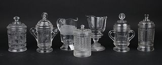 Five Pressed Glass Covered Vanity Jars
