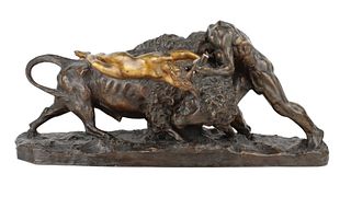 Richard Aurili, Italian 1834-1914, Hercules Fighting Cretan Bull, Patinated Plaster