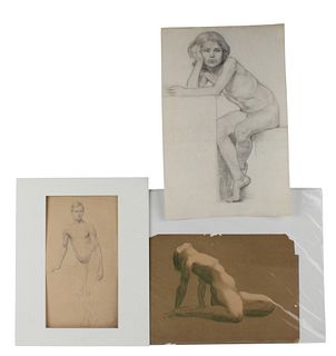 Three Nude Portraits, Mixed Media Drawings