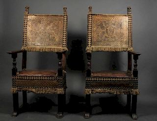 Pair of Spanish Baroque Walnut & Leather Armchairs